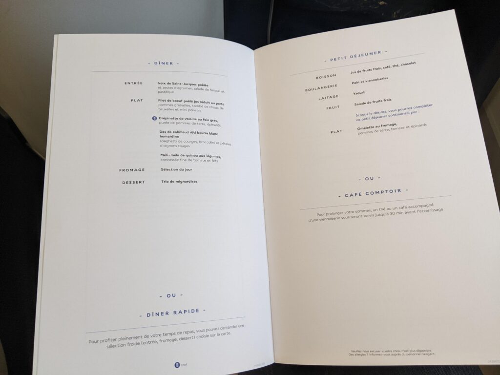 Air France A350 Business Class Menu