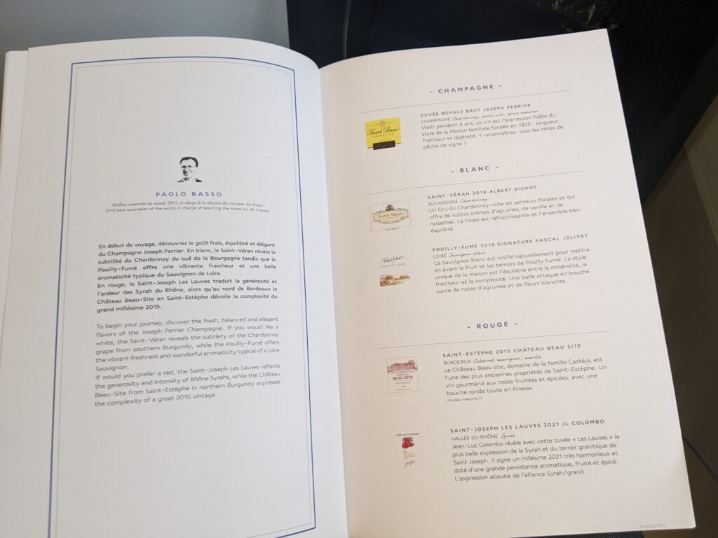 Air France A350 Business Class Menu