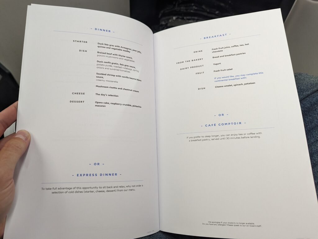 Air France A350 Business Class Menu