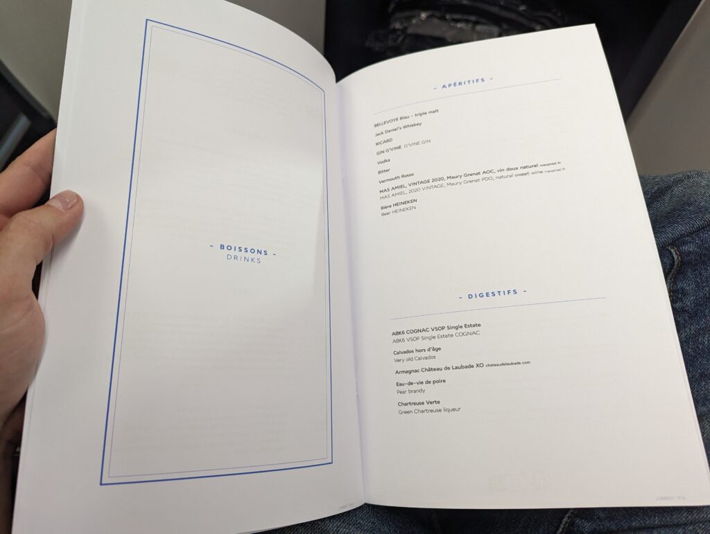 Air France A350 Business Class Menu