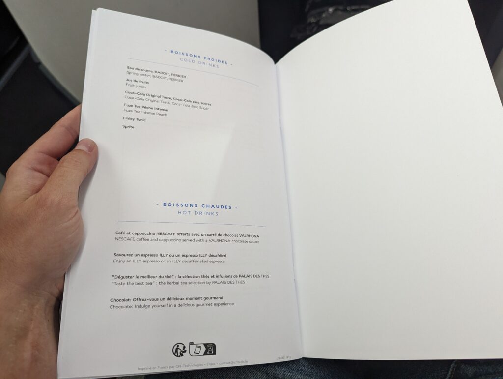 Air France A350 Business Class Menu