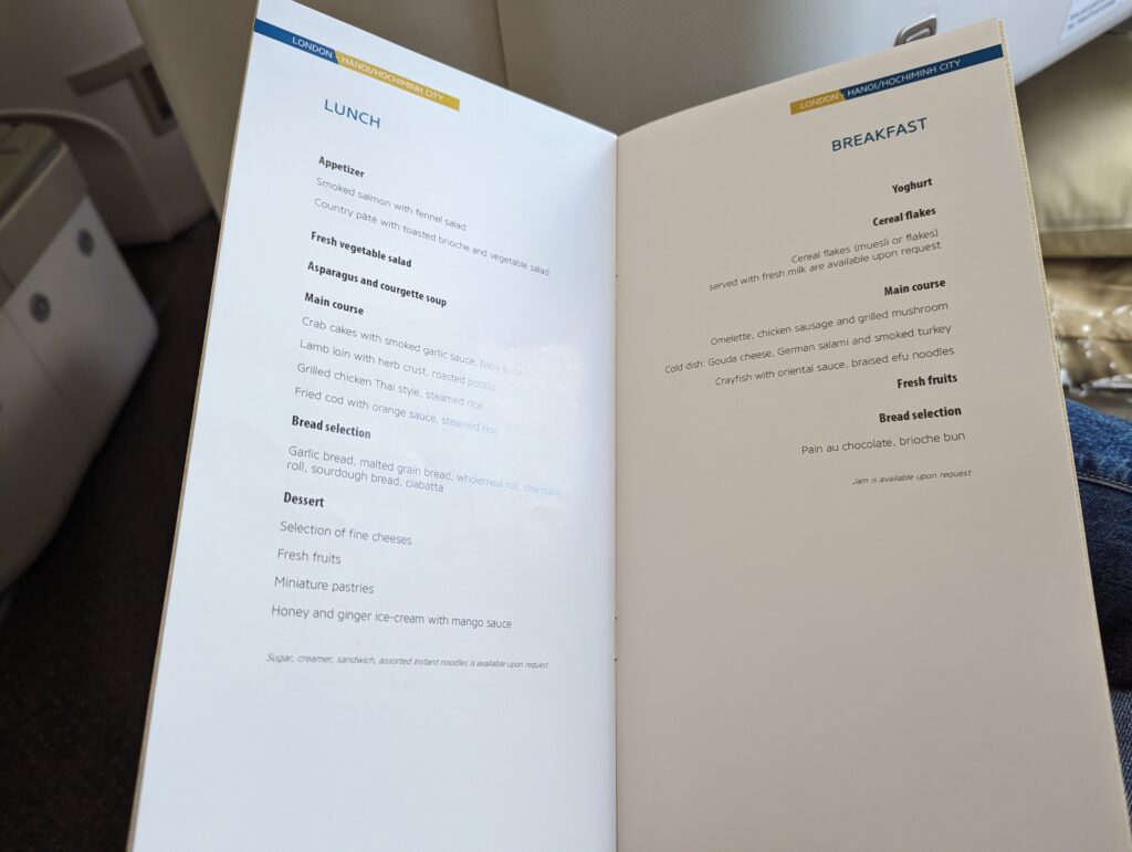 Vietnam Airlines 787-9 Business Class Menu