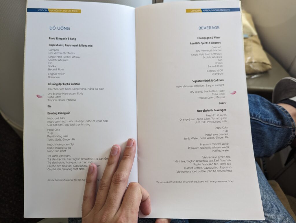 Vietnam Airlines 787-9 Business Class Menu