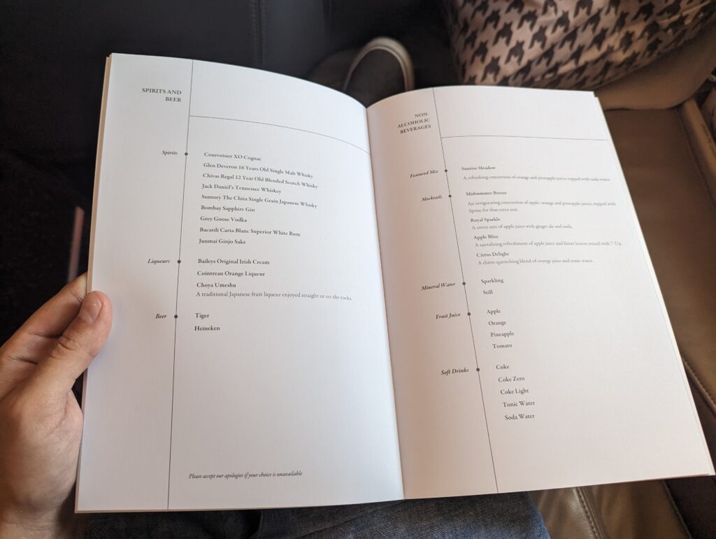 Singapore Airlines A350 Business Class Menu