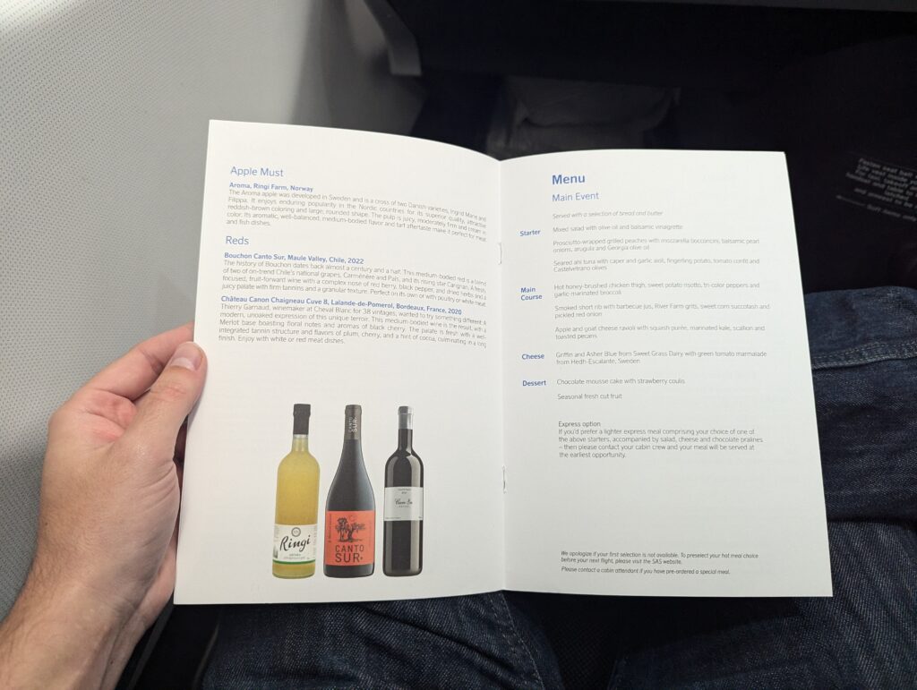 SAS A330-300 Business Class Menu