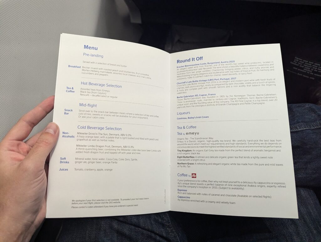 SAS A330-300 Business Class Menu