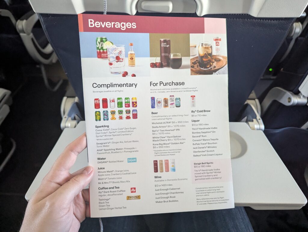 United Airlines 737 In Flight Drink Menu