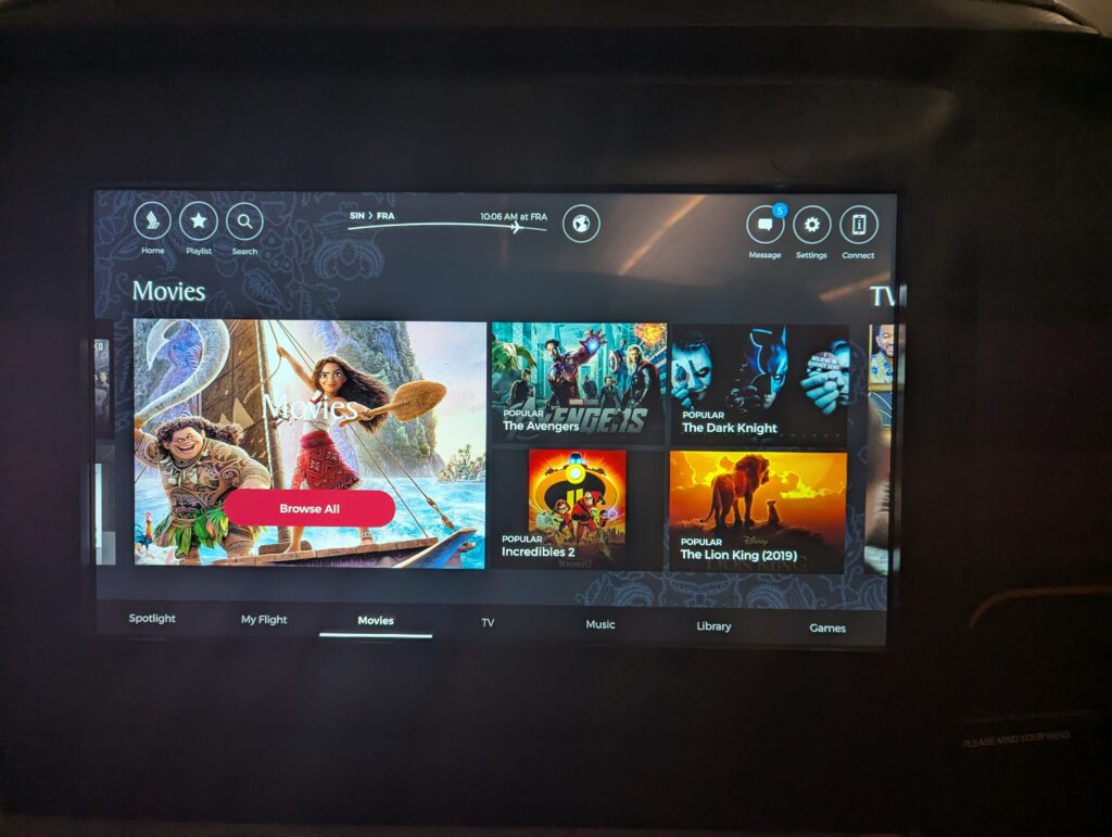 Singapore Airlines A380 Business Class In Seat Entertainment 