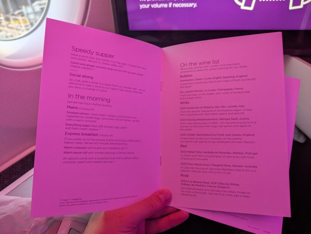 Virgin Atlantic A350-900 Upper Class Menu