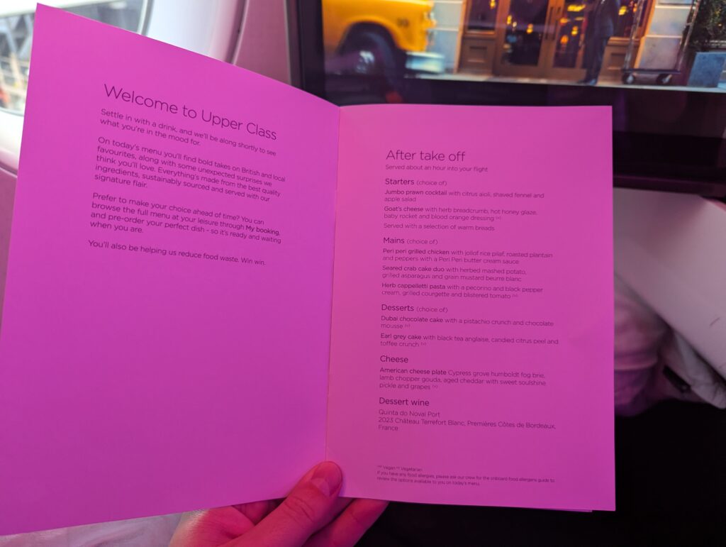Virgin Atlantic A350-900 Upper Class Menu