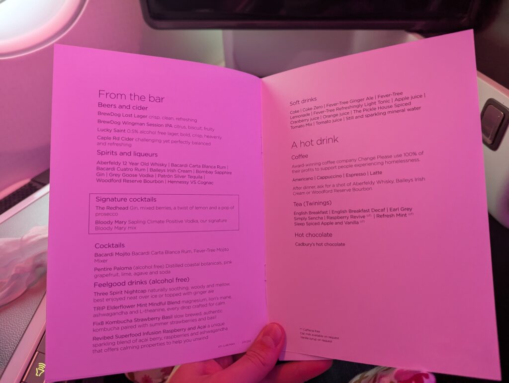 Virgin Atlantic A350-900 Upper Class Menu