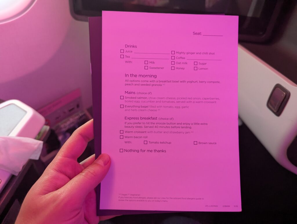 Virgin Atlantic A350-900 Upper Class Menu Card Breakfast