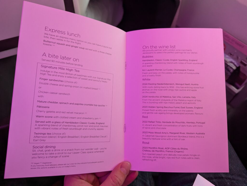 Virgin Atlantic A350-1000 Upper Class Menu