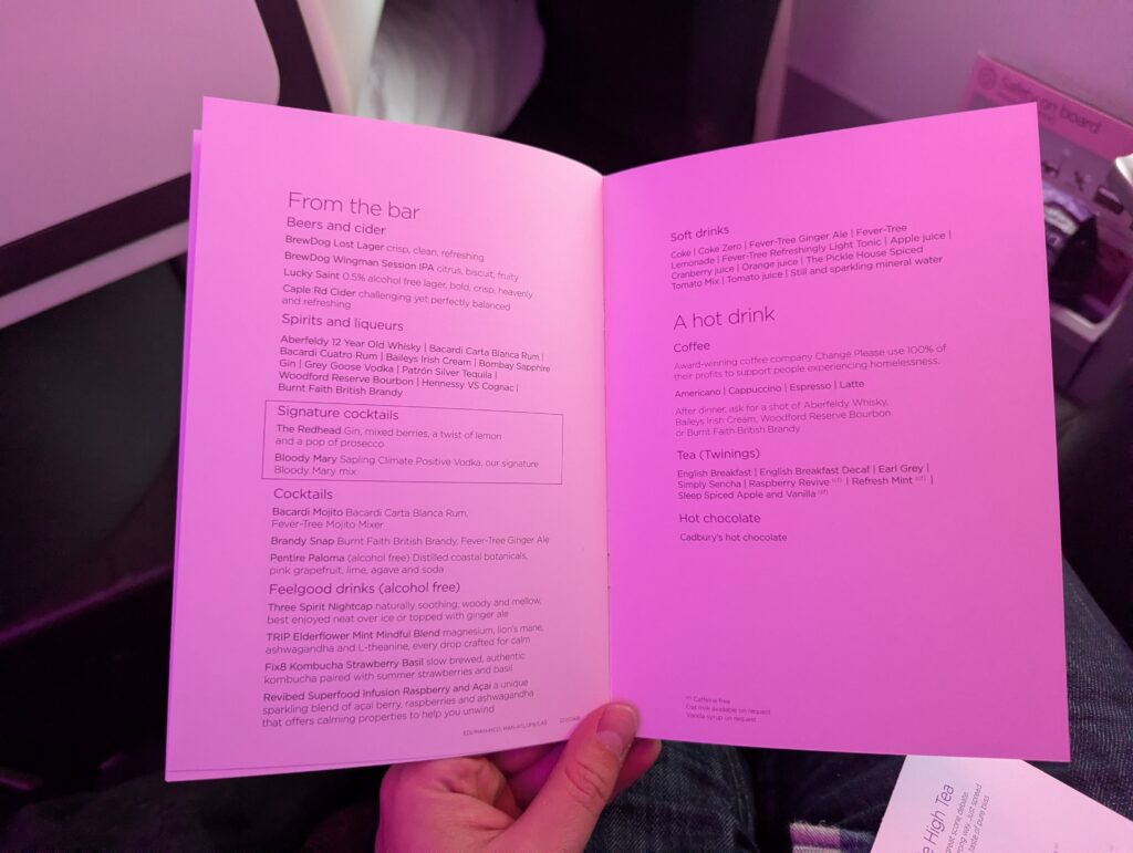 Virgin Atlantic A350-1000 Upper Class Menu