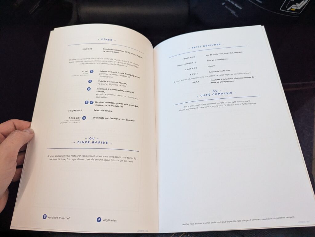 Air France A350-900 Business Class Menu