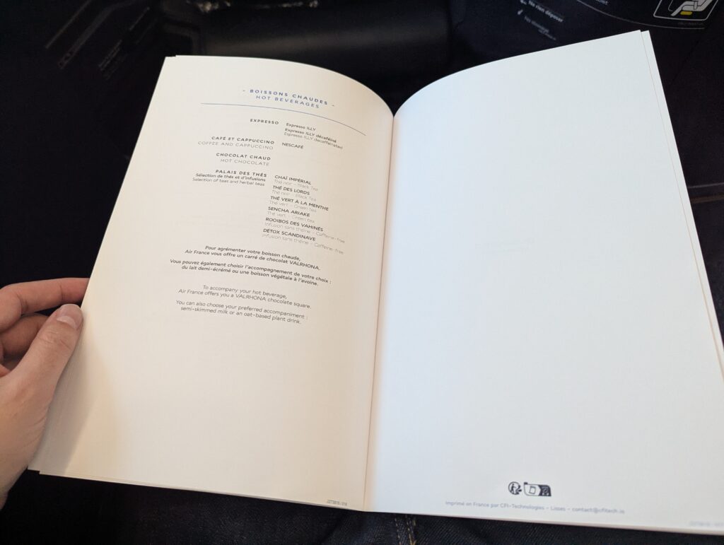Air France A350-900 Business Class Menu