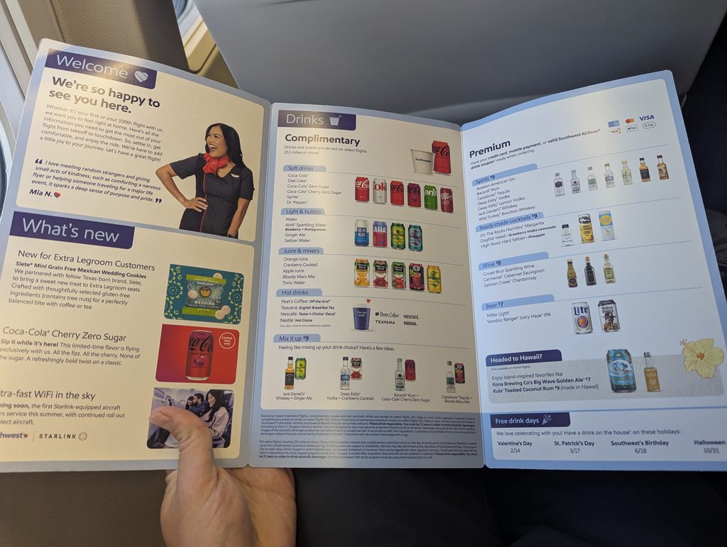 Southwest Airlines Drinks and Snacks Menu