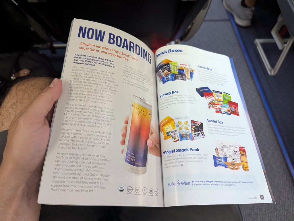 Allegiant 737-8 Max In Flight Drink and Snack Menu
