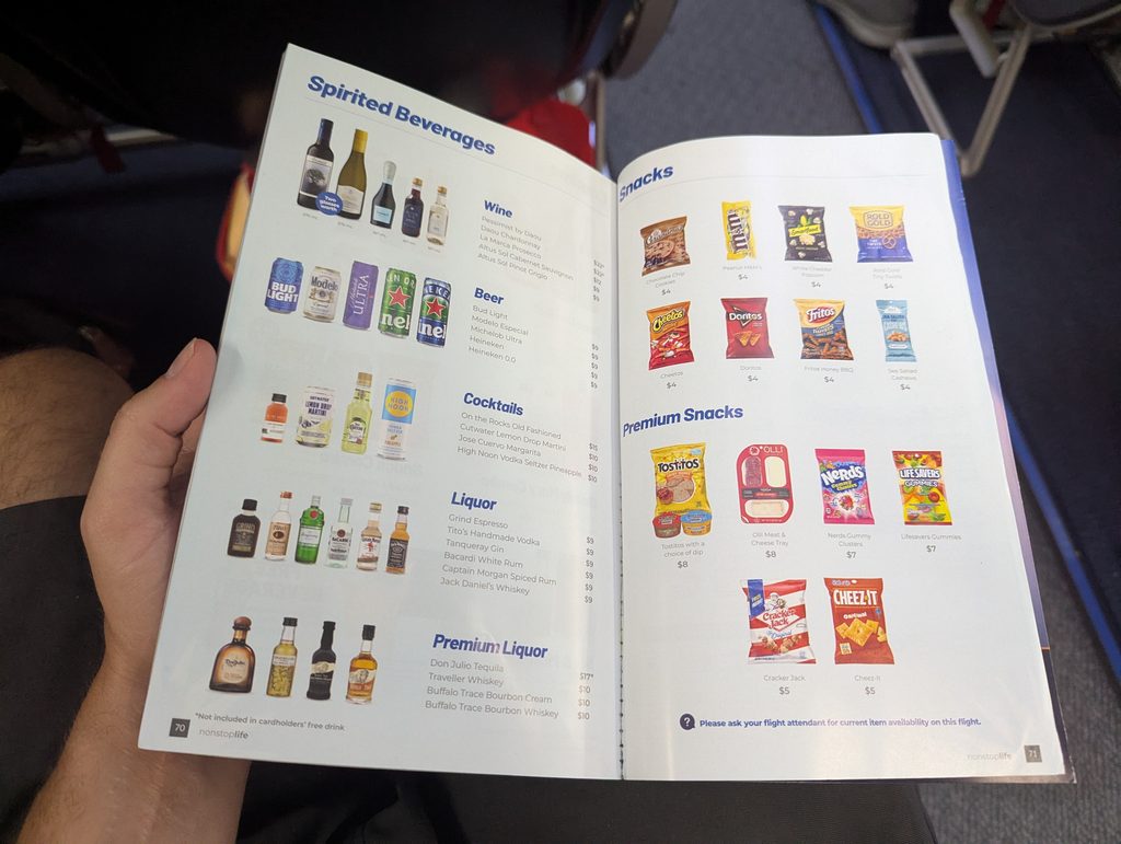 Allegiant 737-8 Max In Flight Drink and Snack Menu